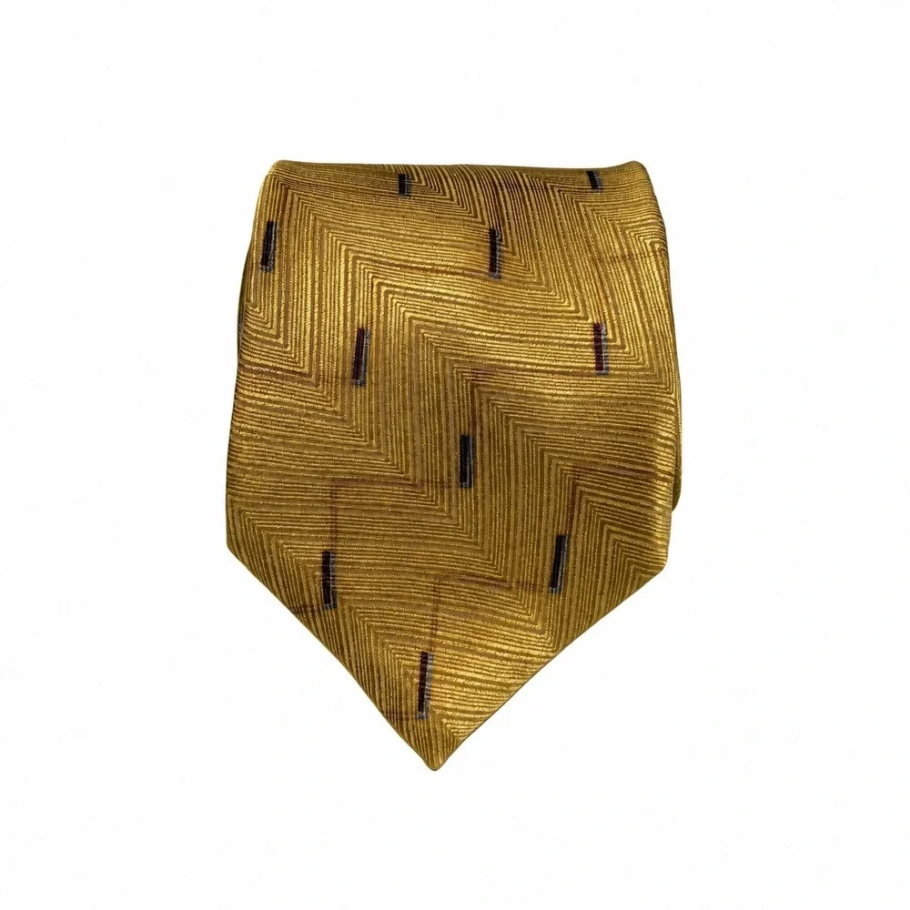 Neo Bill Blass Gold Chevron Silk Necktie Geometric Jacquard Men Formal Accessory